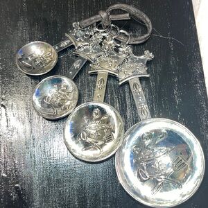 #607-Silver “Queen of the kitchen”Measuring Spoons with leather hanger